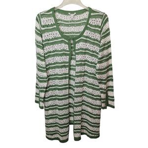 Cato Green & White Stripe Open Knit Longline Cardigan Sweater 22/24 Boho‎ Hippie